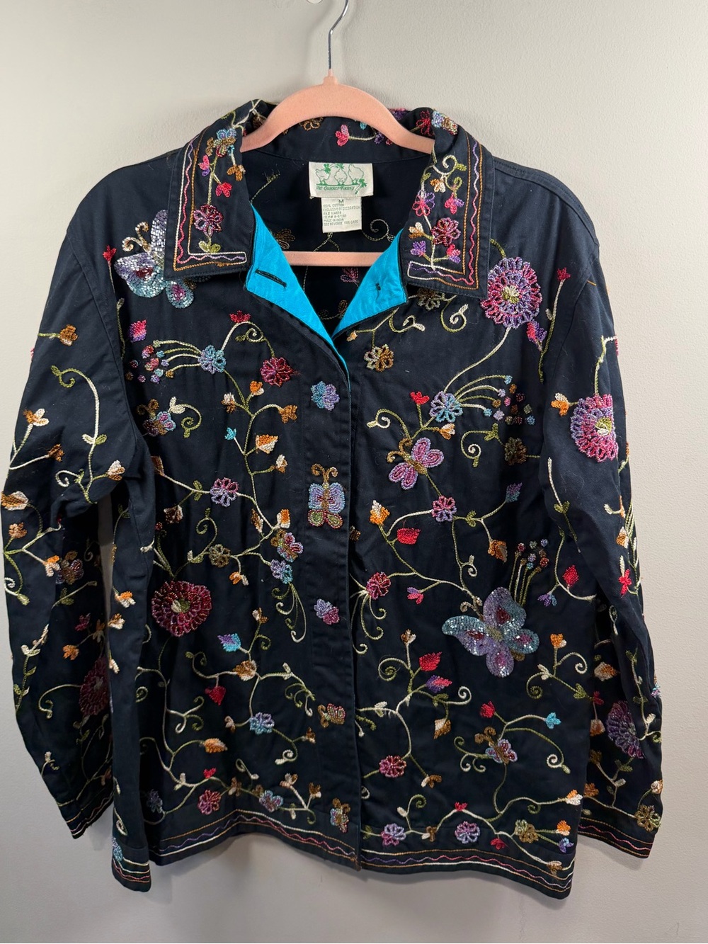 Quacker Factory Women’s Black Beaded Embroidered Butterfly Floral Jacket Sz Med
